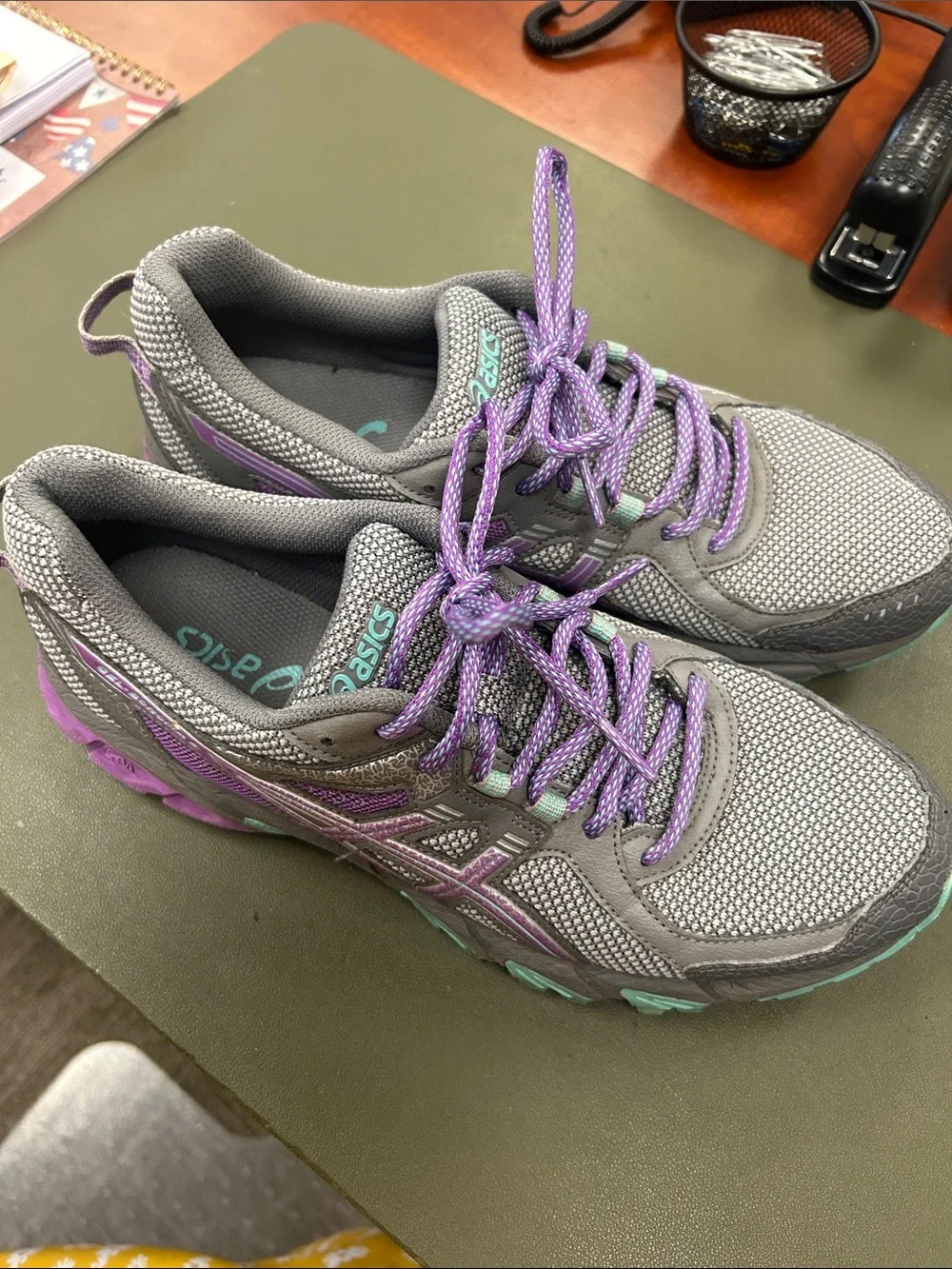 Asics Gray and Purple Women's Mesh Athletic Sneakers with Mint Accents